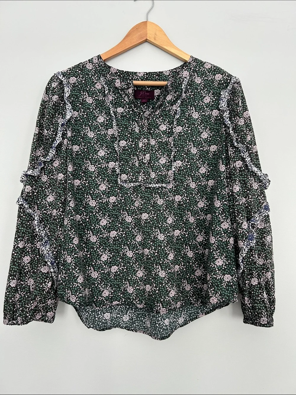 J. Crew Liberty Dark Green Floral Ruffle-Trim Blouse